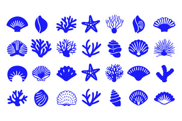 Set of Coral and Seashell Silhouettes, Marine Vector Icons Featuring Various Coral Shapes, Spiral Shells, Sea Fans, and Ocean-Inspired Decorative Elements.