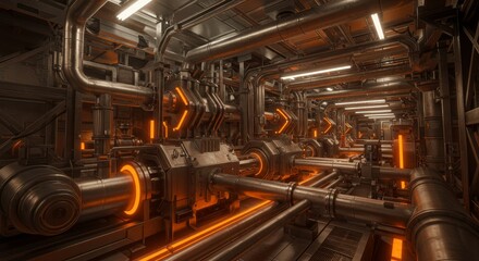 Fototapeta premium Advanced Industrial Pipeline System - Futuristic factory, automation, engineering, technology, glowing orange pipes. Symbolizes progress, innovation, efficiency, power, and industry