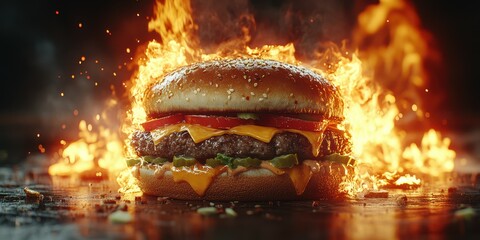Juicy burger with melted cheese and toppings surrounded by flames in a dramatic culinary setting
