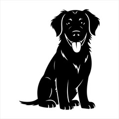 Happy sitting dog silhouette illustration with tongue out, black and white vector design of friendly pet