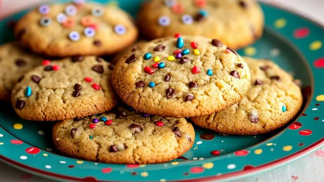 Colorful cookies on decorative plate being enjoyed in succession