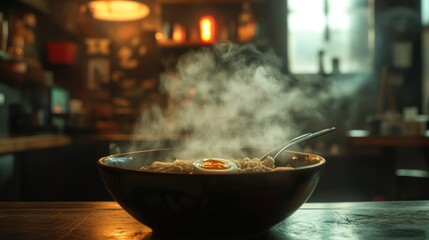 Steaming ramen bowl in a dimly lit cafe.