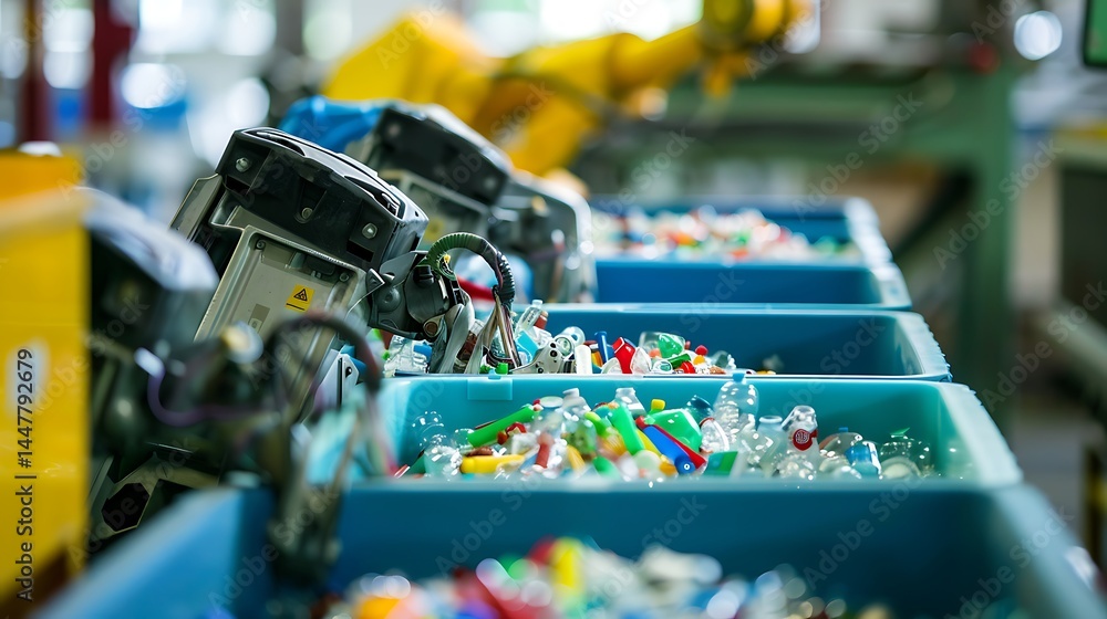 Poster industrial robotic arms sorting colorful recycled plastic pieces or components into bins on an autom