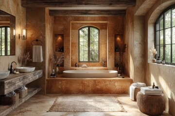 Fototapeta premium Serene rustic bathroom with natural light, featuring a freestanding tub, wooden accents, and elegant decor, perfect for promoting relaxation and luxury home design.