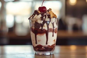 Decadent chocolate ice cream sundae with cherry and toppings.