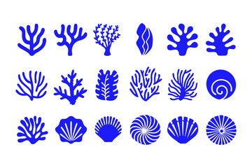 Set of Coral and Seashell Silhouettes, Marine Vector Icons Featuring Various Coral Shapes, Spiral Shells, Sea Fans, and Ocean-Inspired Decorative Elements.