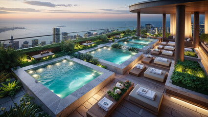 Fototapeta premium Luxurious rooftop spa featuring illuminated pools overlooking a stunning cityscape at dusk