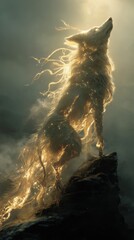 Fototapeta premium A wolf with glowing fur standing on a rocky outcrop under a dramatic sky