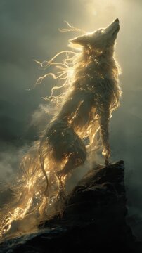 A wolf with glowing fur standing on a rocky outcrop under a dramatic sky