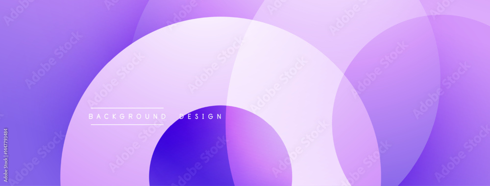 Poster abstract purple layers create flowing design. gradient shades blend, forming circular shapes. minima