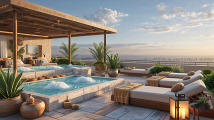 Fototapeta premium Luxurious rooftop spa oasis featuring pools loungers plants and city view in the evening
