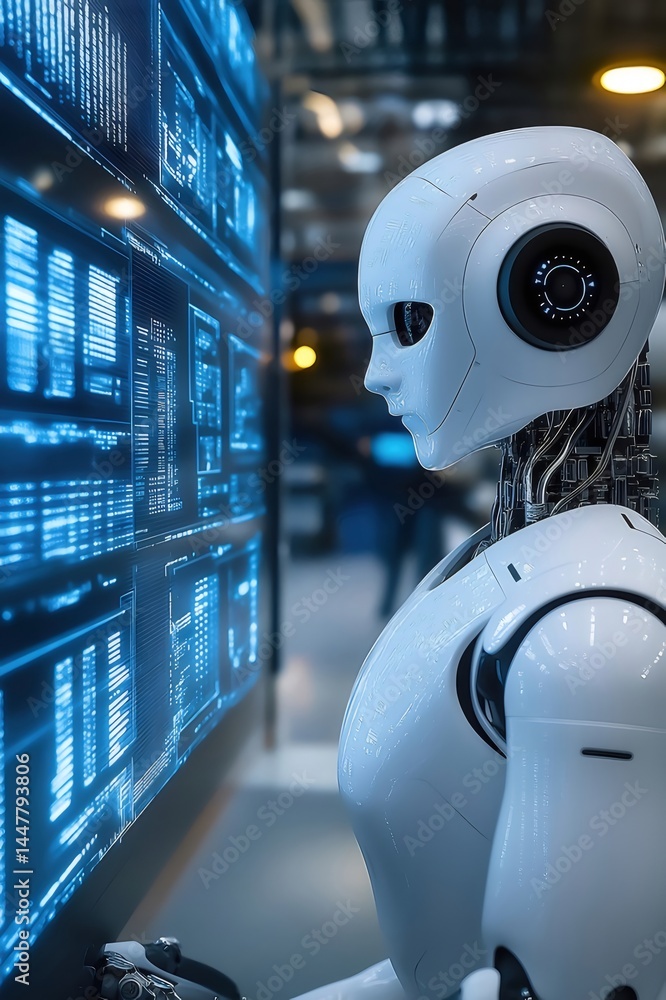 Aufkleber 未来的なロボットが青いデジタルインターフェースを詳細に分析 未来技術の背景 白いボディと青い光のコントラスト