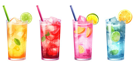 Set Bundle of Popular Vibrant Colorful Refreshing Cocktails on White Background

