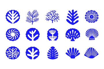 Set of Coral and Seashell Silhouettes, Marine Vector Icons Featuring Various Coral Shapes, Spiral Shells, Sea Fans, and Ocean-Inspired Decorative Elements.