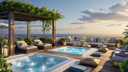 Fototapeta premium Luxurious rooftop spa oasis with jacuzzis loungers and stunning ocean view