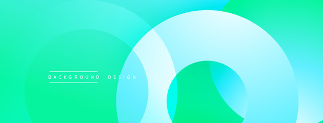 Abstract design features overlapping circles, gradients. Turquoise, teal hues dominate composition. Modern aesthetic, clean lines present.