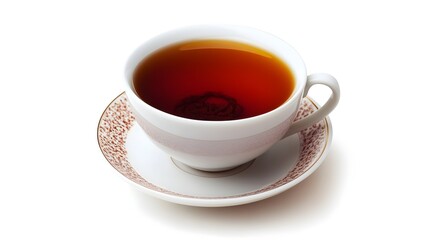 A steaming cup of black tea rests on a delicate saucer with an ornate gold rim against a bright white background.
