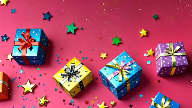 Colorful gift boxes arranged diagonally on pink background with glitter and star confetti