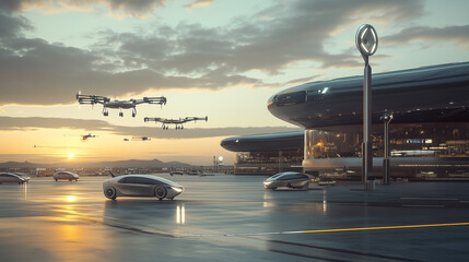 Smart airport with flying cars landing on vertical pads, distant horizon 