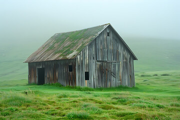 Obraz premium Whispers in the Fog A Solitary Barn in the Mist