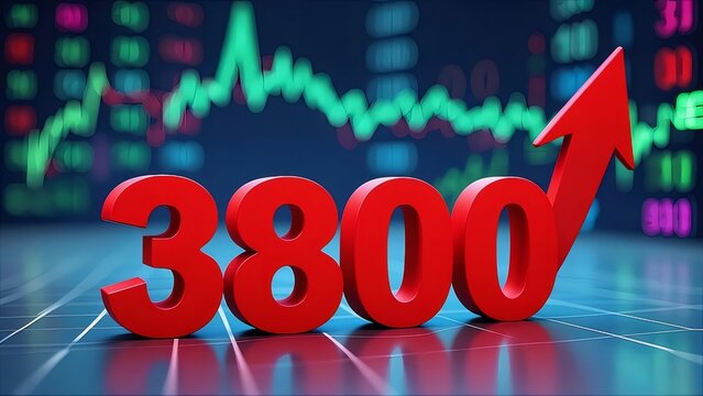 鮮やかな赤い数字3800と上向きの矢印が青い背景のデータグラフ上に配置された金融テーマの画像 - Powered by Adobe