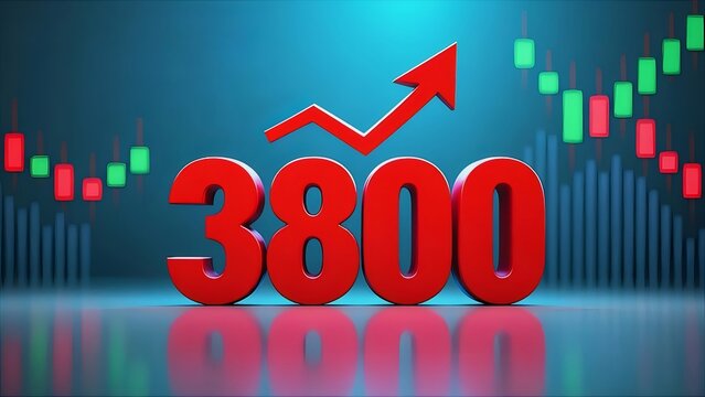赤い3800の数字と上昇矢印 株式チャート背景の青いグラデーション照明 - Powered by Adobe