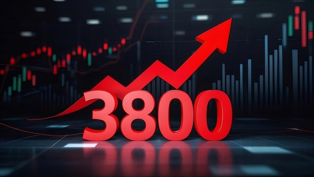 赤い数字3800と上向きの矢印 グラフと暗い背景に表示された金融トレンド - Powered by Adobe