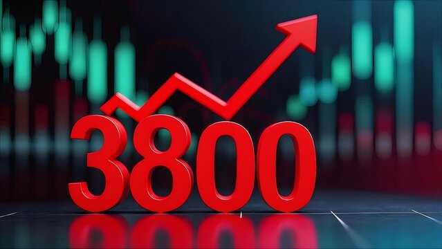 赤い数字3800と上向き矢印のグラフ背景に金融市場の成長と成功を表現 - Powered by Adobe