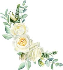 Romantic watercolor bouquet of white roses and leafy greens. Use in wedding designs, logos, packaging, and elegant stationery.
