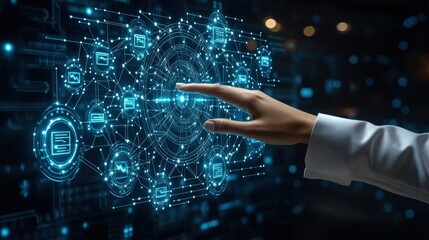 Hand interacting with a digital interface displaying various icons and data points