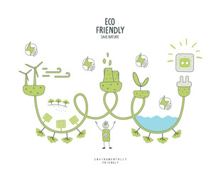 Vector hand drawn cartoon sketch of green energy and natural resource conservationenergy. Volunteer people take care about planet ecology. Eco lamp, alternative energy sources, recycle sign