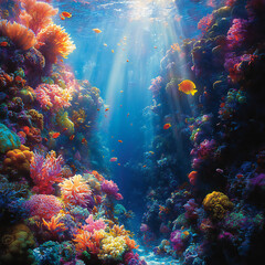 Fototapeta premium A breathtaking, ultra-realistic underwater scene featuring a vibrant coral reef teeming with colorful marine life. Schools of fish swim gracefully among the corals