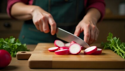 cropped view of woman cutting radish on wooden chopping board, panoramic shot