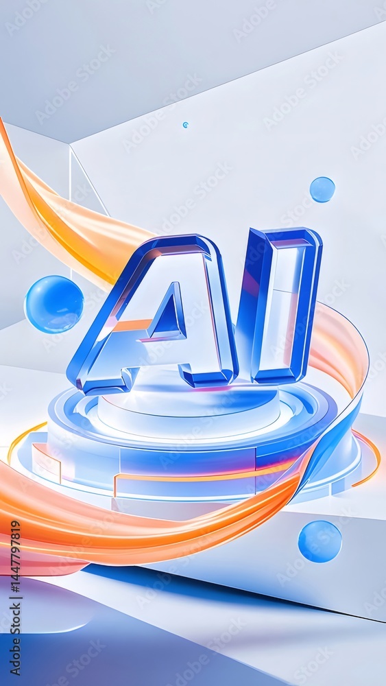 Aufkleber 青とオレンジのグラデーションカラーの立体ai文字が光る円形台座の上に配置された未来的なデザイン