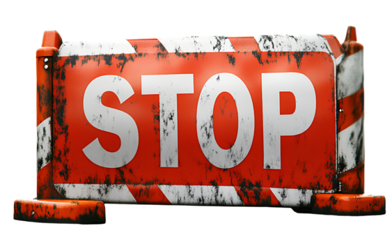 An icon of a red and white traffic barricade with the word STOP on it, transparent background PNG
