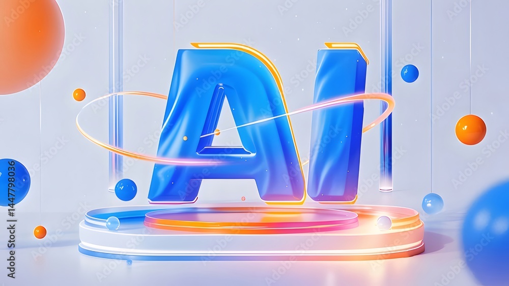 Aufkleber 青いaiの文字とオレンジ色の円と球体を使った未来的な3dグラフィックデザイン
