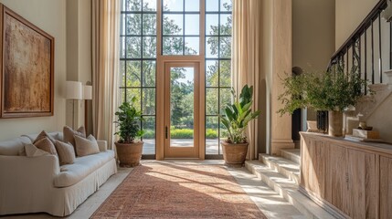 Fototapeta premium Sophisticated, sun-drenched entryway with modern farmhouse design.