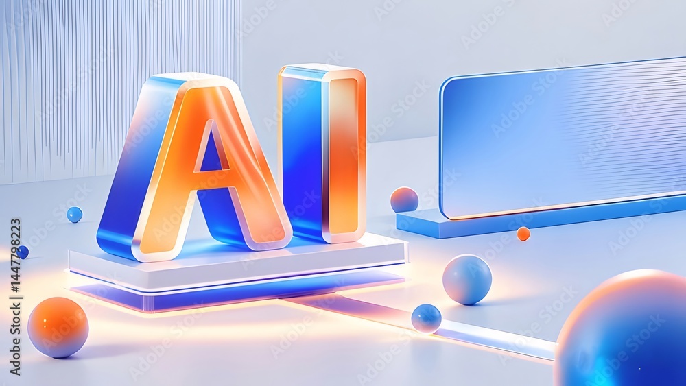 Aufkleber 未来的なaiロゴの3dレンダリング 光沢のある青とオレンジ色の文字と幾何学的な要素