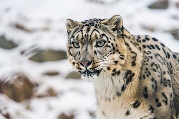 Snow leopard portrait, fur detailed, 500mm lens, compressed snowy mountain backdrop. Wildlife close-up.