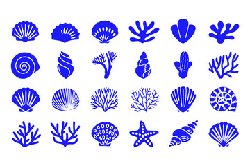 Set of Coral and Seashell Silhouettes, Marine Vector Icons Featuring Various Coral Shapes, Spiral Shells, Sea Fans, and Ocean-Inspired Decorative Elements.