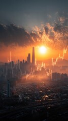Fototapeta premium Cityscape with Financial Chart Overlay at Sunset