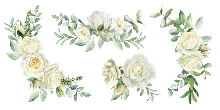 Set of watercolor white roses bouquets. Soft white rose frame with green leaves and eucalyptus. Ideal for elegant invitations, stationery design, branding, and DIY paper crafts.