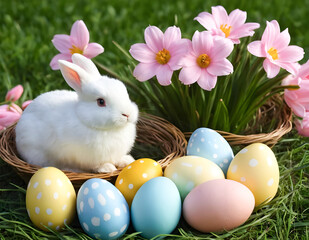 귀여운 부활절 흰색 토끼와 계란