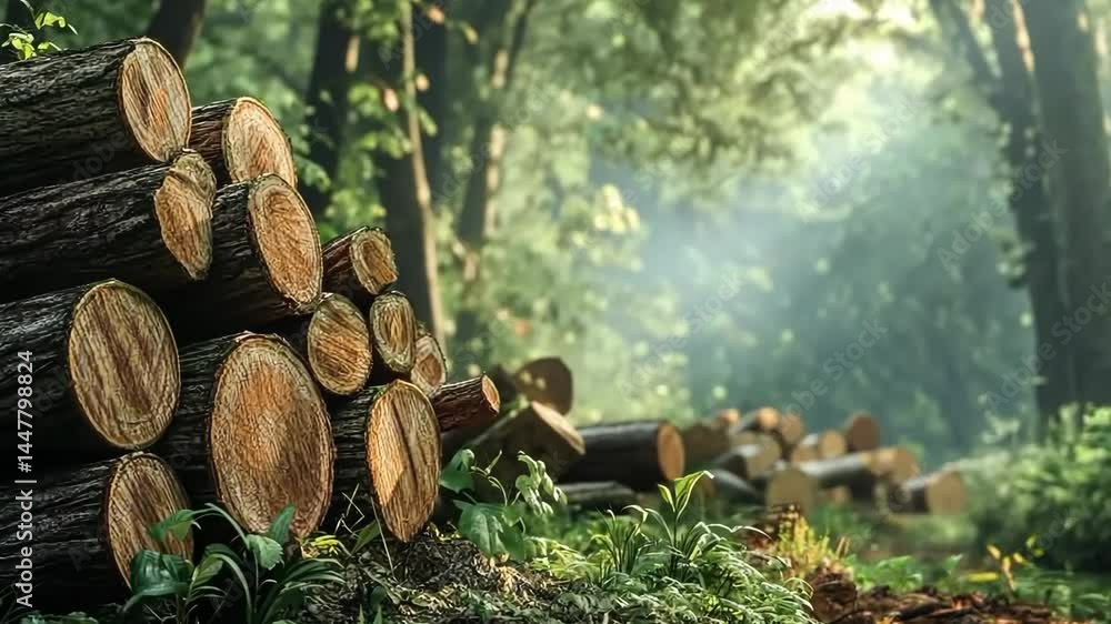 Poster sunlight filtering through forest with piled logs creating serene atmosphere