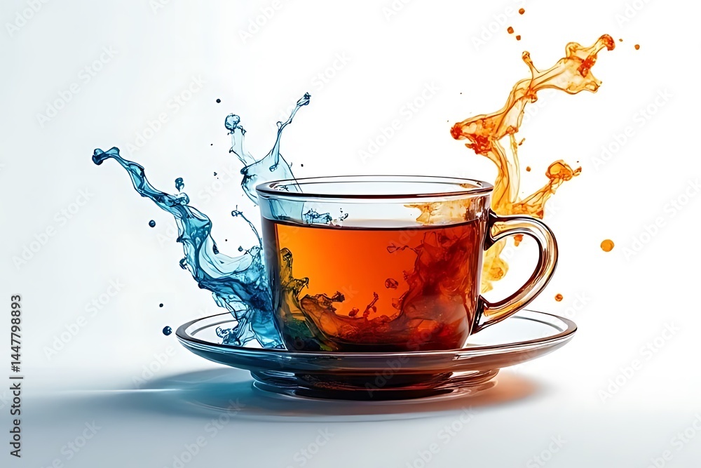 Poster dynamic tea splash action studio setting photographic art colorful elements artistic viewpoint