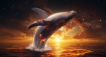 Fototapeta premium Celestial Whale Leap - A majestic whale breaches the ocean, its body ablaze with cosmic energy, against a vibrant sunset and starry sky
