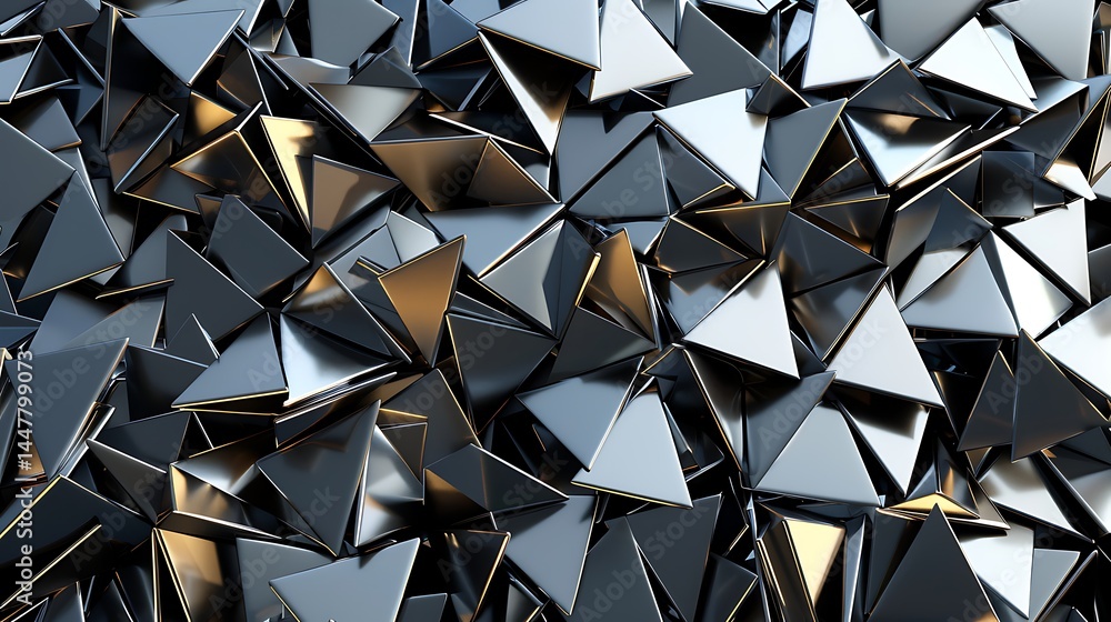 Poster abstract background texture composed of numerous small, sharp, metallic triangles or pyramids reflec