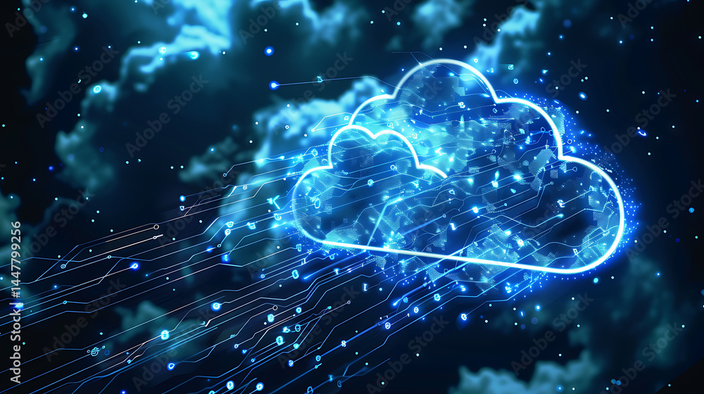 Poster abstract concept of cloud computing technology, showing a glowing blue cloud symbol emitting data st