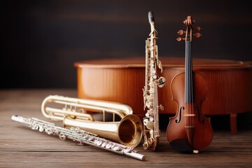 Fototapeta premium diverse collection of musical instruments arranged harmoniously on wooden stage showcasing essence of various music