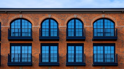 Fototapeta premium Arched Windows: A striking view of an urban facade with arched windows. capturing the architectural details and the blend of classic design